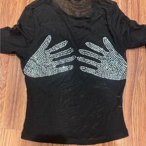 Black Mesh Top with Rhinestone Hand Design